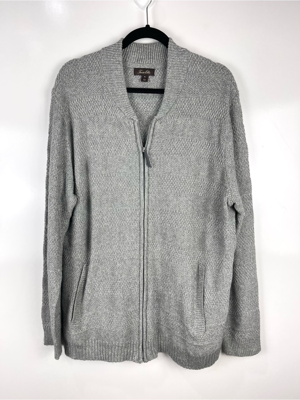 Tasso Elba Grey Knit Zip Cardigan Men’s Size XL Sweater Pockets Casual Office